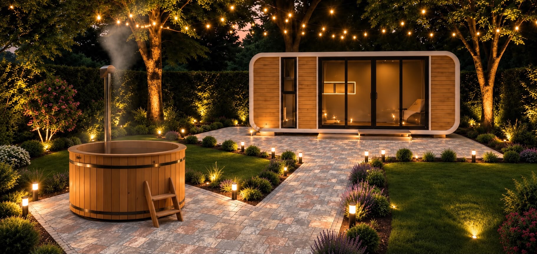 Chalet moderne et bain nordique sous les guirlandes lumineuses