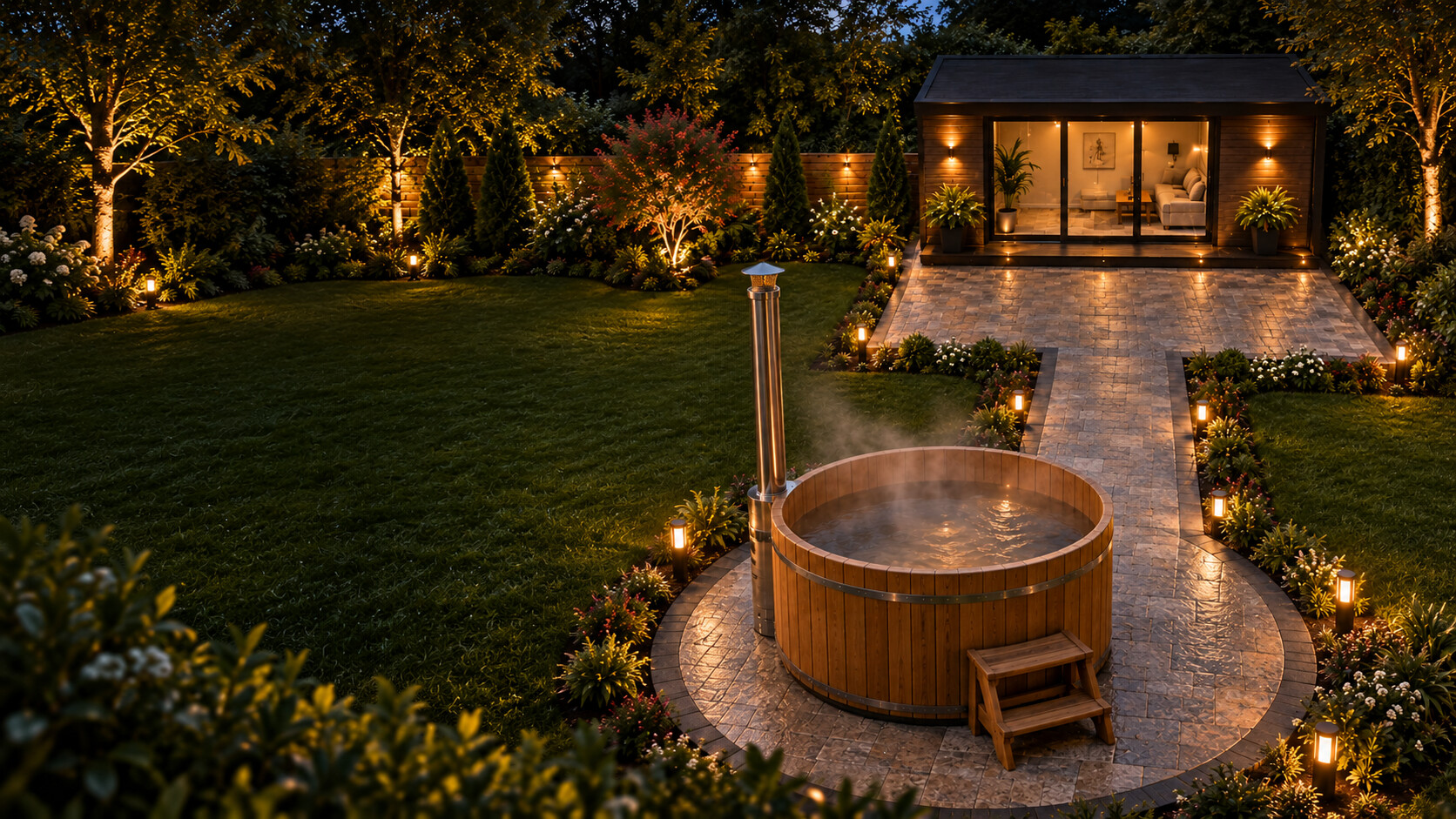 Bain nordique en bois face au chalet éclairé du Jardin d'Éden