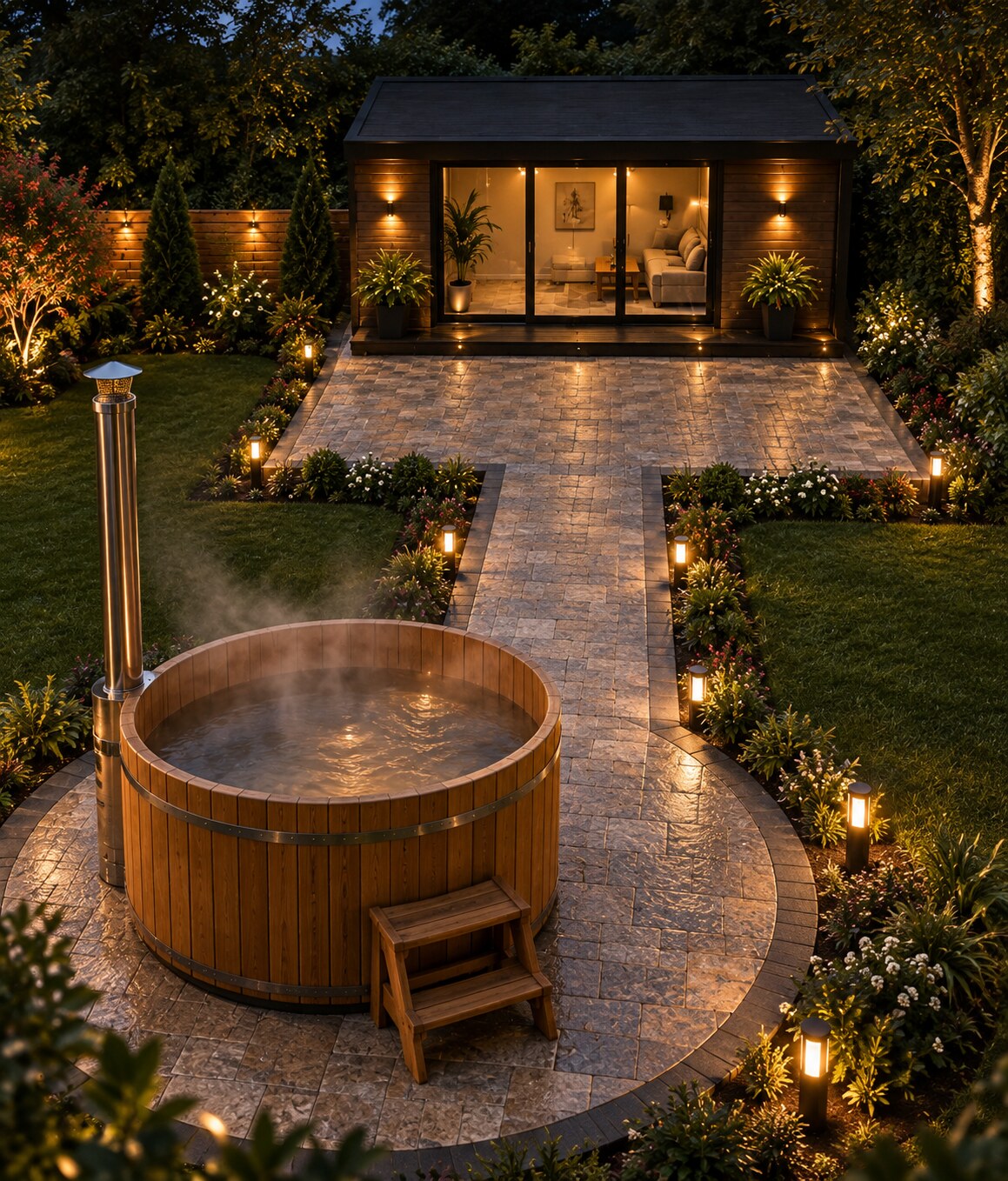 Vue du jardin avec terrasse, chalet lounge et bain nordique
